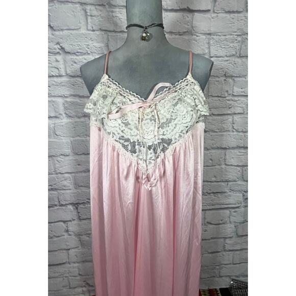 Vintage 70's Strappy Pink Chemise/Nightgown with Lace Neckline - Picture 2 of 7